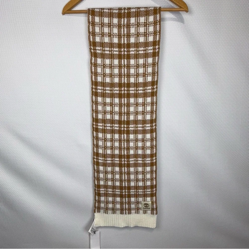 Timberland Brown and Cream Checkered Scarf NWT 64”X 10”
